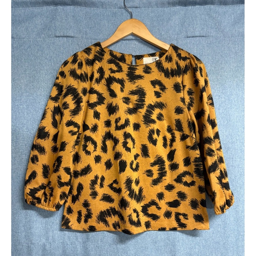 Everleigh S‎ Orange Black Leopard Print Puff Sleeve Top Retro Blouse